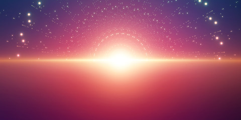 Vector infinite space background. Matrix of glowing stars with illusion of depth and perspective. Abstract cyber fiery sunrise over sea. Abstract futuristic universe on dark violet background. © garrykillian