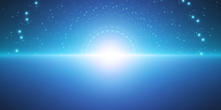 Vector infinite space background. Matrix of glowing stars with illusion of depth and perspective. Abstract cyber fiery sunrise over sea. Abstract futuristic universe on light blue background.