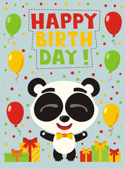 Obraz na płótnie Canvas Happy birthday! Funny panda with gifts and balloons. Card with panda in cartoon style for child birthday.