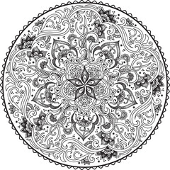 Zentangle round colored floral ornament. Vector ornamental round lace with arabesque elements. Mehndi style. Orient traditional ornament.