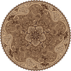 Zentangle round colored floral ornament. Vector ornamental round lace with arabesque elements. Mehndi style. Orient traditional ornament.