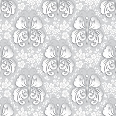 Vector floral seamless pattern background. Volumetric luxury floral ornament, royal seamless texture for wallpapers, textile, wrapping. Exquisite floral modern template with butterfly.