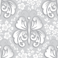 Vector floral seamless pattern element. Volumetric luxury floral ornament, royal seamless texture for wallpapers, textile, wrapping. Exquisite floral modern template with butterfly.