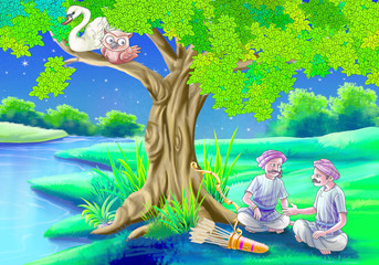 Obraz na płótnie Canvas swan sit on tree and men under a tree
