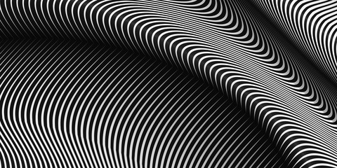 Vector warped lines background. Flexible stripes twisted as silk forming volumetric folds. Monochrome variable width stripes with shadows and highlights. Modern abstract creative backdrop.