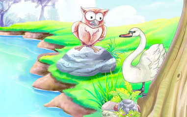 sit owl and swan
