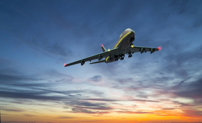 The plane flies in the sky against the background of clouds