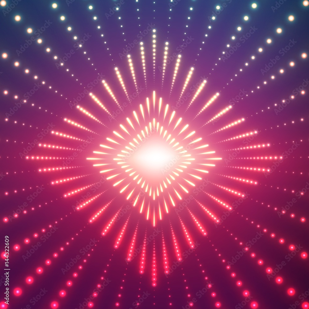 Aufkleber vector infinite rhombic or square tunnel of shining flares on violet background. glowing points form