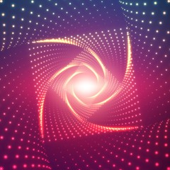 Vector infinite rhombic or square twisted tunnel of shining flares on violet background. Glowing points form tunnel sectors. Abstract cyber colorful background for your designs. Geometric wallpaper.