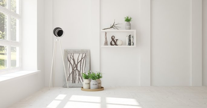 White empty room with flower. Scandinavian interior design. 3D illustration