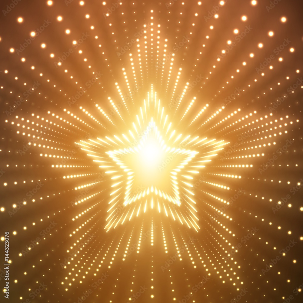 Poster vector infinite star tunnel of shining flares on orange background. glowing points form tunnel secto