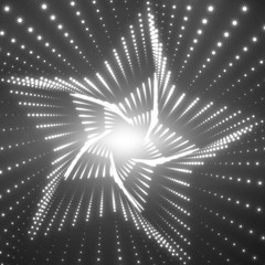 Vector infinite star twisted tunnel of shining flares on black background. Glowing points form tunnel sectors. Abstract cyber monochrome background. Elegant modern geometric wallpaper.