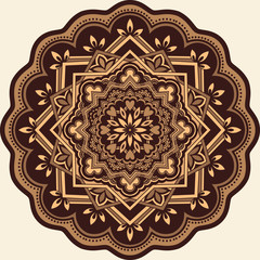 Vector ornamental round lace with damask and arabesque elements. Mehndi style. Orient traditional ornament. Zentangle-like round colored floral ornament.