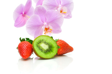 juicy kiw, strawberries and orchid flowers on a white background