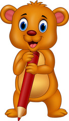 Fototapeta premium Cartoon brown bear cartoon holding red pencil