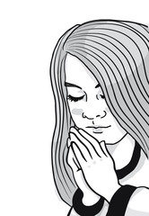 A black and white illustration of a young girl with her hands folded saying her prayers.