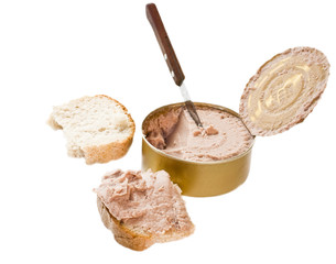 Canned meat, two slices of bread and a knife