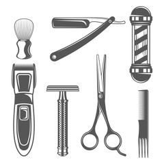 Set of vintage barber shop elements in monochrome style
