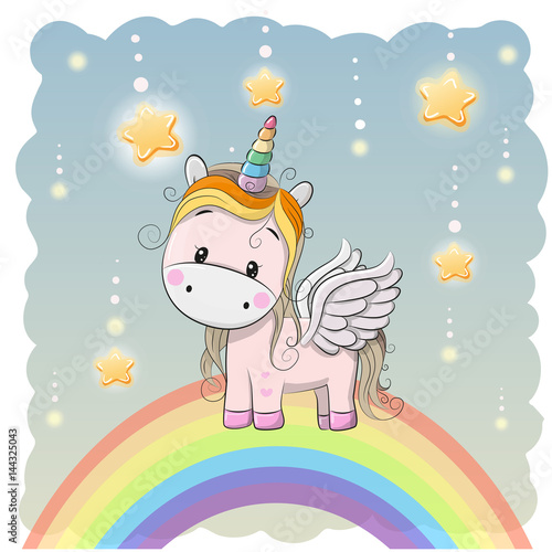 "Cute Cartoon Unicorn on the rainbow" Stock image and royalty-free
