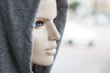 Close up of the head of plastic fashion mannequin with blue eyes and red lips. Design and blogger concept. Background of  beautiful woman face with neutral expression.
