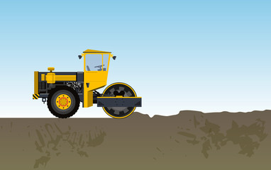 Obraz na płótnie Canvas Road vibratory roller is rolled clay. Straightening uneven ground. Yellow big roadroller builds roads. Steamroller paving way. Construction machinery prepare equipment. Master vector illustration.