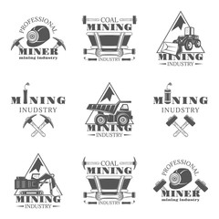 Mining industry set of vector monochrome vintage emblems, labels, badges and logos isolated on white background.