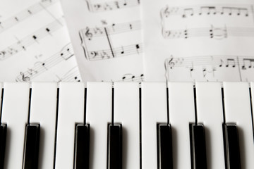 piano keyboard on blured music-notes background