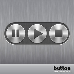 Set of round metal button with brushed texture and symbols of play, stop and pause