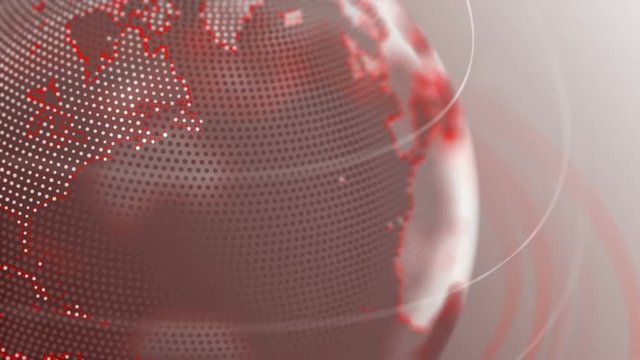 Digital Planet Earth Loop 2F: 360 degrees rotating globe focused on northern hemisphere, red tint with bright gradient background. Land edges as red dots. FullHD, seamless loop.