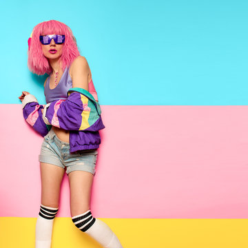 Playful Stylish Girl DJ. Rave, house, digital party Music and fitness vibrations. Clubbing Minimal pop art