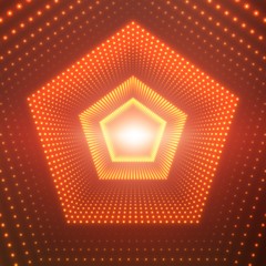 Vector infinite pentagonal tunnel of shining flares on orange background. Glowing points form tunnel sectors. Abstract cyber colorful background for your designs. Elegant modern geometric wallpaper.