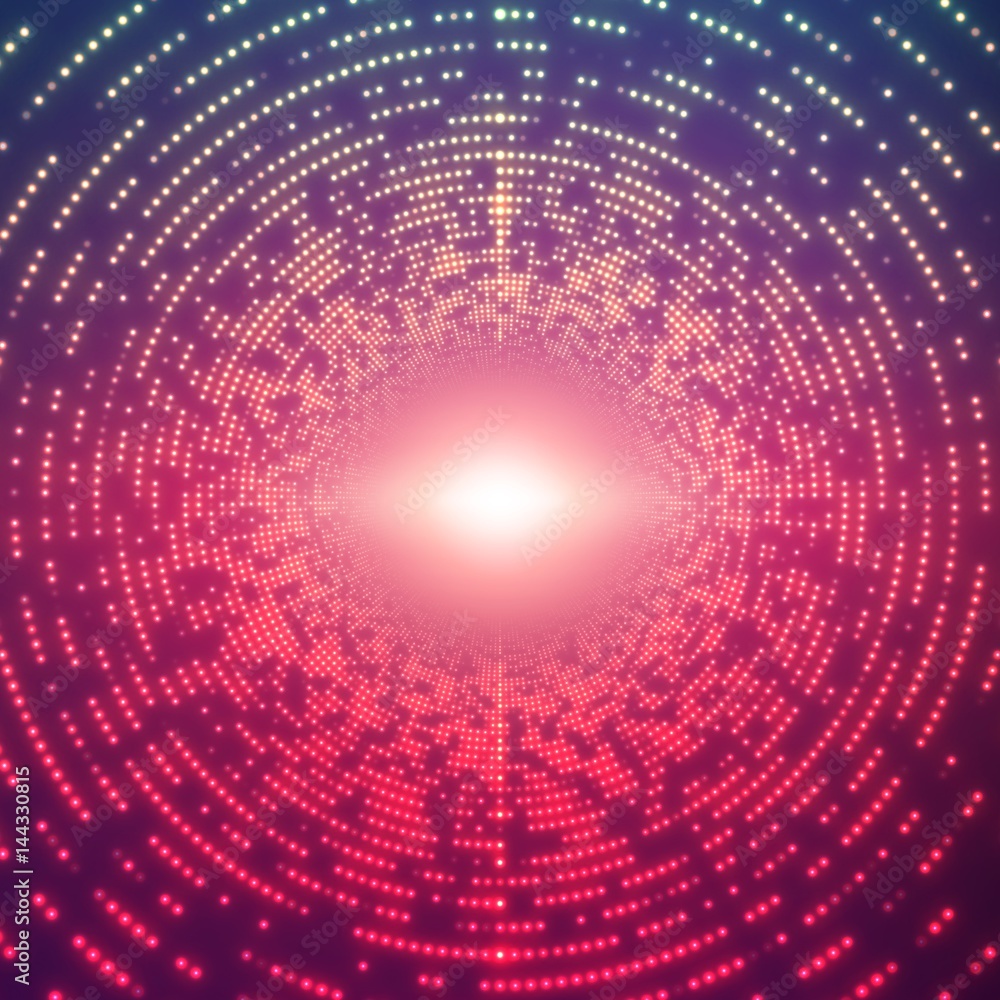 Poster vector infinite round tunnel of shining flares on violet background. glowing points form tunnel sect