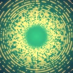 Vector infinite round tunnel of shining flares on green background. Glowing points form tunnel sectors. Abstract cyber colorful noise background for your designs. Elegant modern geometric wallpaper.