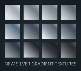 Set of silver diagonal gradients on darl background, 12 different colour style, metallic effect.