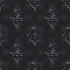 Vector damask seamless pattern dark background. Elegant luxury texture for wallpapers, backgrounds and page fill. 3D elements with shadows and highlights. Paper cut.