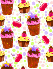 Seamless decorative pattern with muffins and cherries in cartoon style. Polka dot background.