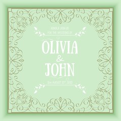 Vector floral and geometric monogram frame on green background. Elegant invitation or wedding card. Design element.