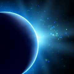 Obraz na płótnie Canvas Abstract vector blue background with planet and eclipse of its star. Bright star light shine from the edge of a planet. Sparkles of stars on the background.
