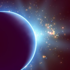 Abstract vector violet background with planet and eclipse of its star. Bright star light shine from the edge of a planet. Sparkles of stars on the background.