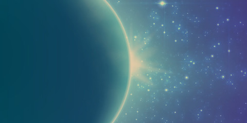 Fototapeta na wymiar Abstract vector turquoise and violet background with planet and eclipse of its star. Bright star light shine from the edge of a planet with a protuberance. Sparkles of stars on the background.
