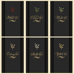 Vector set of cards with a variety of tea. Invitation or gift card with elegant typography and cup of tea in monogram element. Elegant tea label or cover.