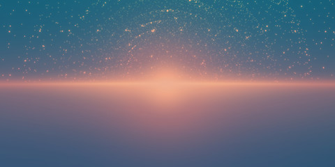 Vector infinite space background. Matrix of glowing stars with illusion of depth and perspective. Abstract cyber fiery sunrise over sea. Abstract futuristic universe on blue background.