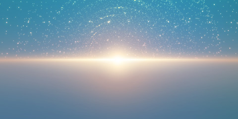 Vector infinite space background. Matrix of glowing stars with illusion of depth and perspective. Abstract cyber fiery sunrise over sea. Abstract futuristic universe on light blue background. © garrykillian