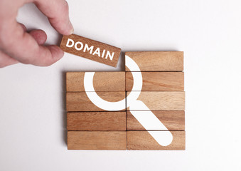Business, Technology, Internet and network concept. Young businessman shows the word: Domain