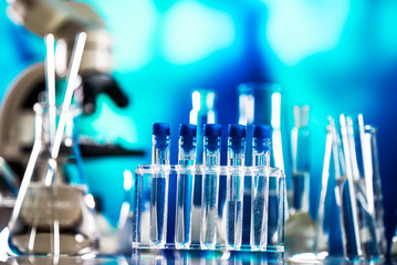 Science Concept. microscope with lab glassware, laboratory research and development 