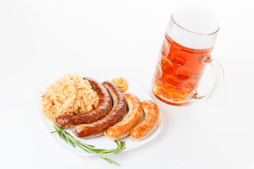 Oktoberfest menu, beer mug, a plate of sausages and sauerkraut