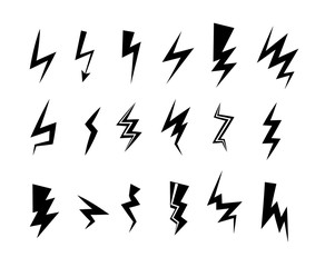 Lightning icon set. Thunder bolt storm vector symbol. Flwsh electric energy sign. Arrow abstract element