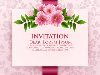 Wedding invitation card. Vector invitation card with floral background and elegant frame with text decorated with flower composition. Sakura flowers, cherry blossom.