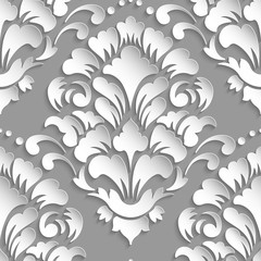 Vector damask seamless pattern element. Elegant luxury texture for wallpapers, backgrounds and page fill. 3D elements with shadows and highlights. Paper cut.