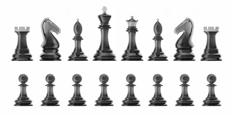 Transparent set of icons chess, isolated on white background, intelligent game, 3d rendering